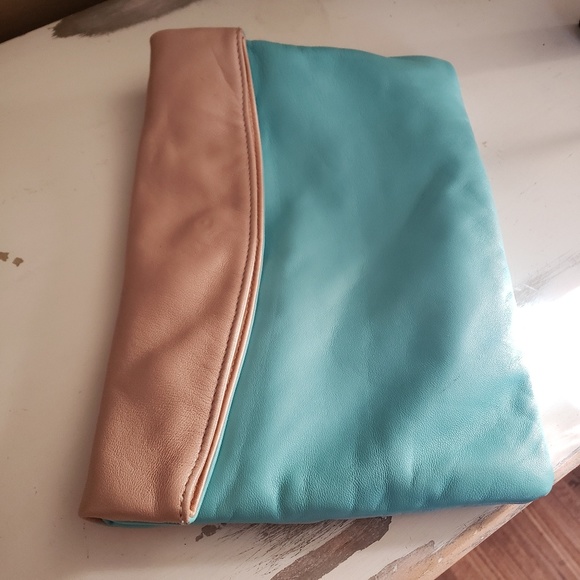 Gorjana Teal and Tan Foldover Clutch Purse - Picture 2 of 8